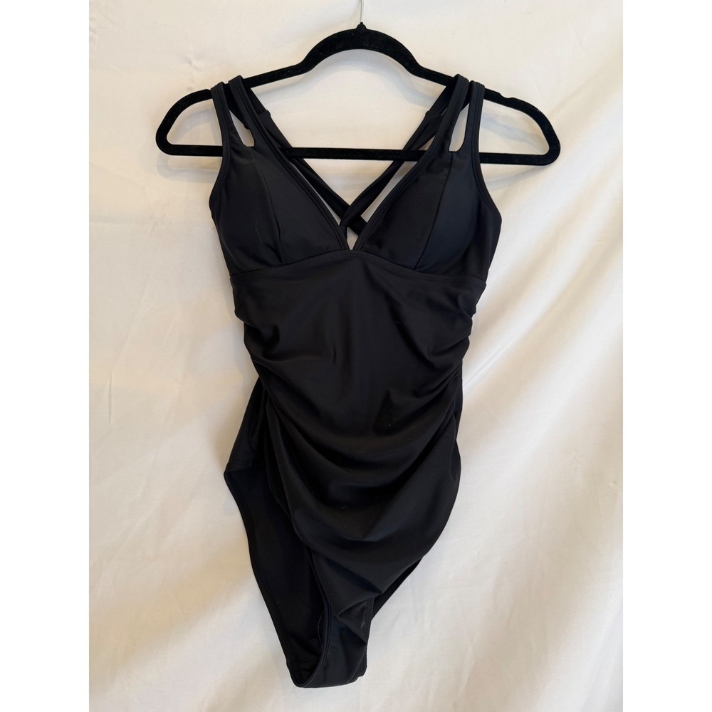 NWT Cupshe Womens Black Ruched V-Neck Multi-Strap Tie Back One Piece‎ Swimsuit